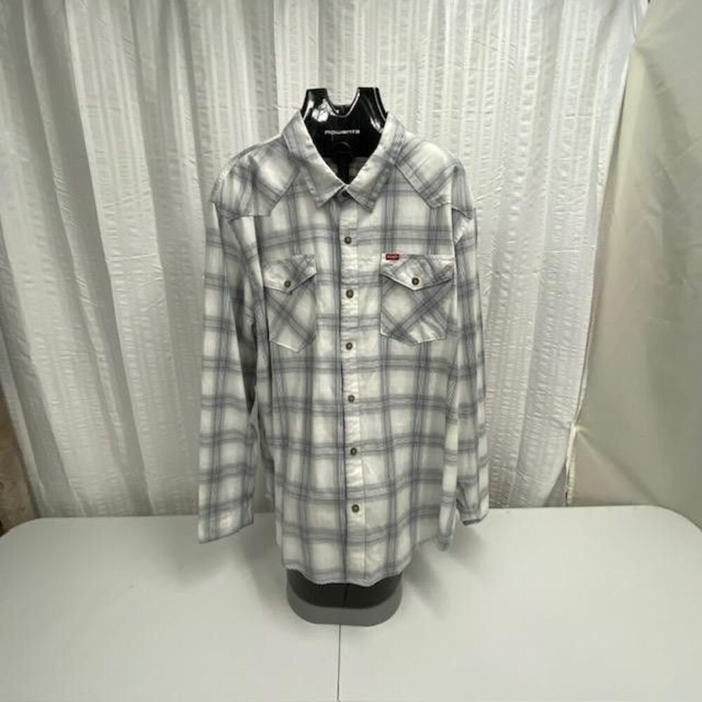 Wrangler Flannel Shirt Mens 3XL Gray Blue Plaid Western Stretch Lightweight